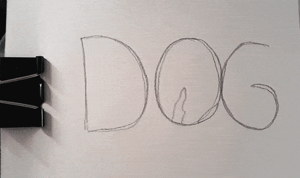 Korte animatie van de pagina's van een flipboekje met een snelle lijntekening per pagina van een hondenkop met vliegende flaporen en een lange tong uit zijn bek.